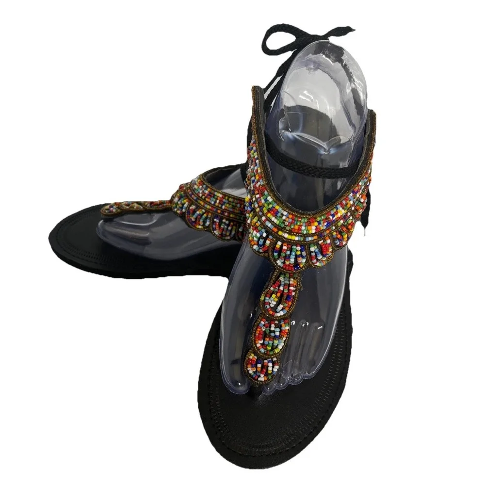 Masai Maasai African Leather Sandals *8-9 US Handcrafted Beaded Boho Hippie Chic